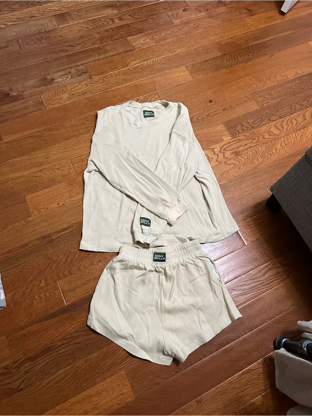 Daily Drills Cream Ribbed Long-Sleeve Top & Elastic Waist Shorts Set